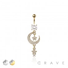 316L SURGICAL STEEL MULTI CZ MOON STAR DANGLE TWINKLE STAR BELLY BUTTON NAVEL RING 